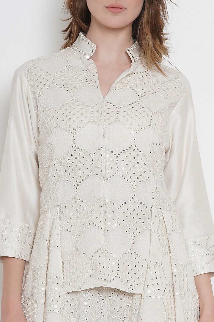 White Asymmetrical Jacket With Mirror Work by Twenty Nine at Pernia's Pop Up Shop