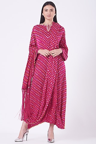 Raspberry Red Embroidered Draped Dress by Twenty Nine