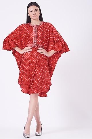 Reddish-Orange Gajji Silk Bandhani Dress by Twenty Nine