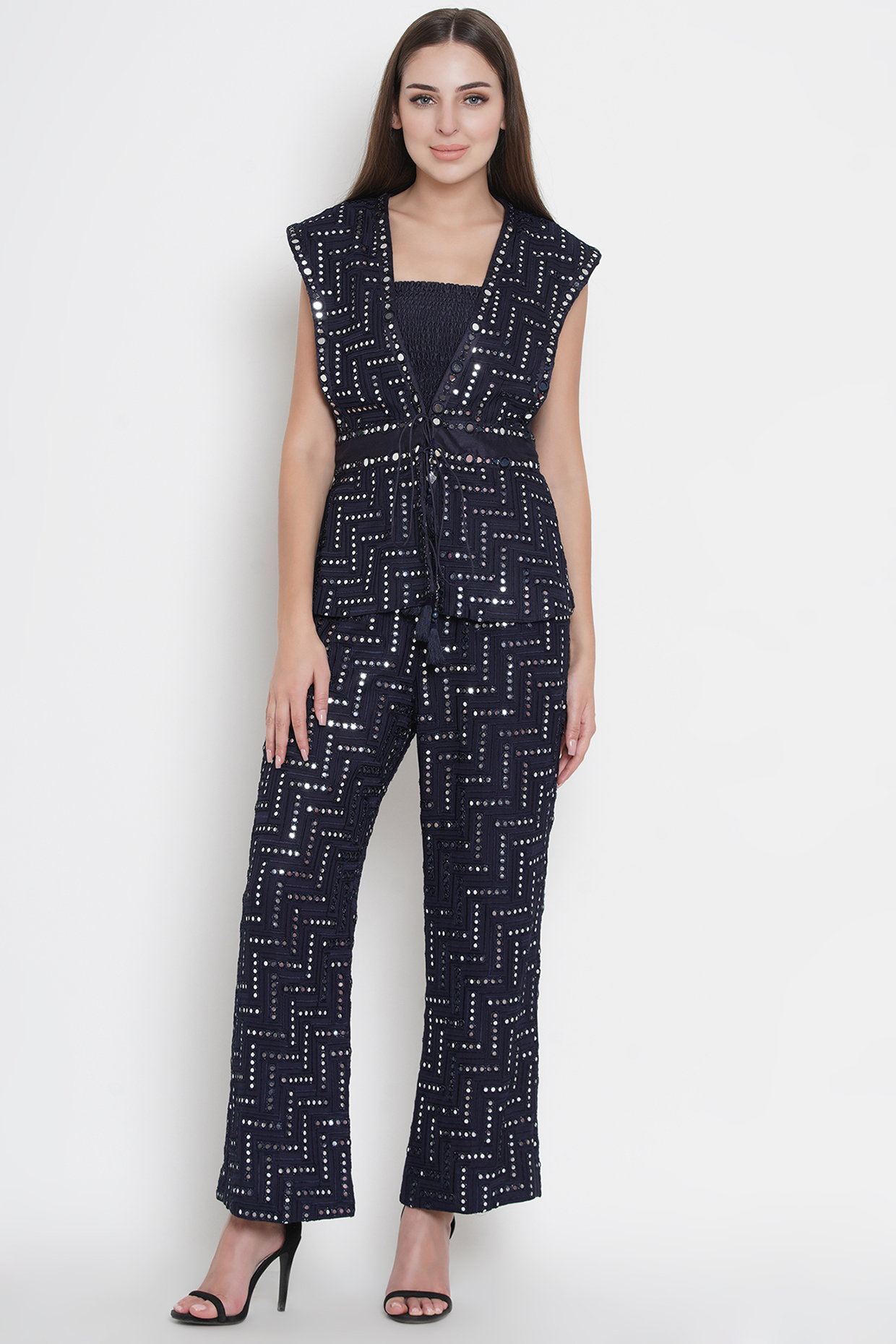 Black Panel Jacket With Mirror Work by Twenty Nine at Pernia's Pop Up Shop