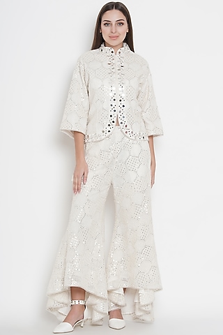 White Short Asymmetrical Jacket With Mirror Work by Twenty Nine
