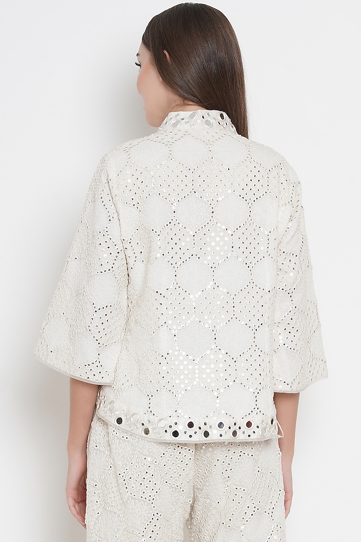 White Short Asymmetrical Jacket With Mirror Work by Twenty Nine at Pernia's Pop Up Shop