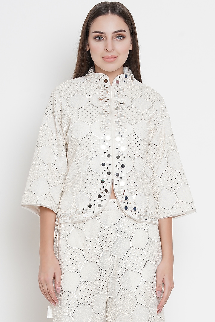 White Short Asymmetrical Jacket With Mirror Work by Twenty Nine at Pernia's Pop Up Shop