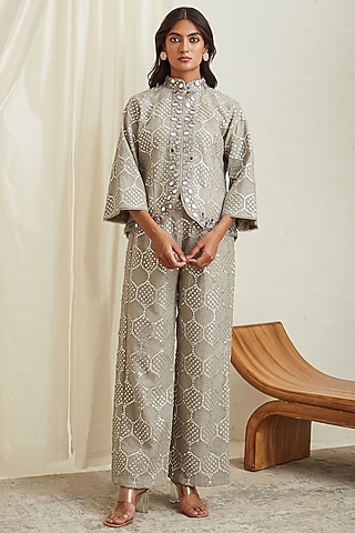 Silver Short Asymmetrical Jacket With Mirror Work by Twenty Nine