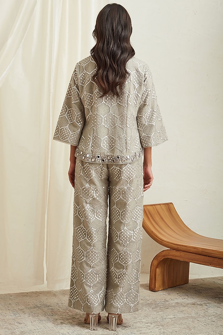 Silver Short Asymmetrical Jacket With Mirror Work by Twenty Nine at Pernia's Pop Up Shop