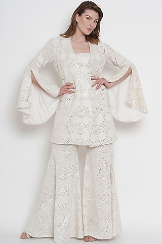 White Wrap-Over Jacket With Mirror Work by Twenty Nine