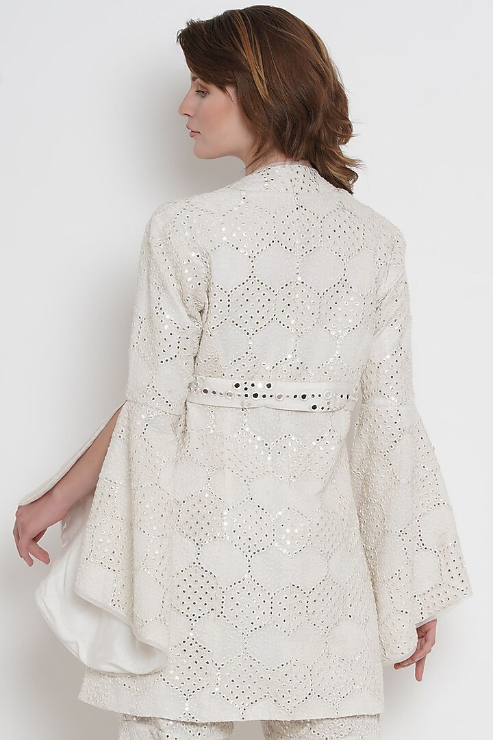 White Wrap-Over Jacket With Mirror Work by Twenty Nine at Pernia's Pop Up Shop