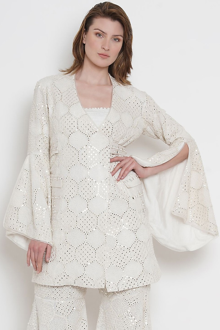 White Wrap-Over Jacket With Mirror Work by Twenty Nine at Pernia's Pop Up Shop