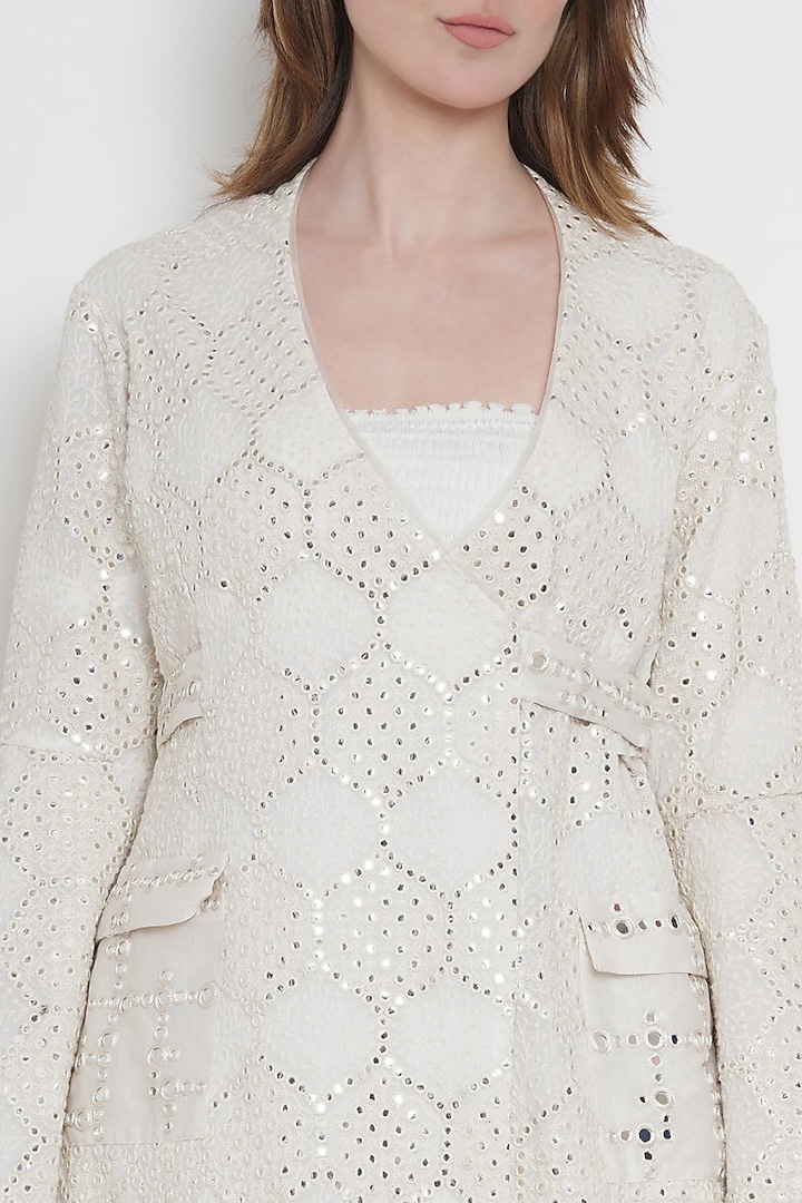 White Wrap-Over Jacket With Mirror Work by Twenty Nine at Pernia's Pop Up Shop