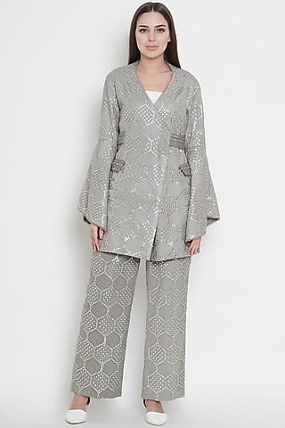 Silver Wrap-Over Jacket With Mirror Work by Twenty Nine