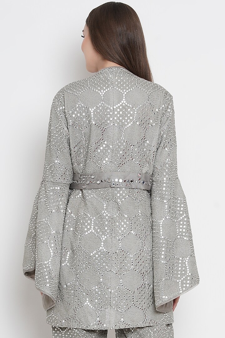 Silver Wrap-Over Jacket With Mirror Work by Twenty Nine at Pernia's Pop Up Shop