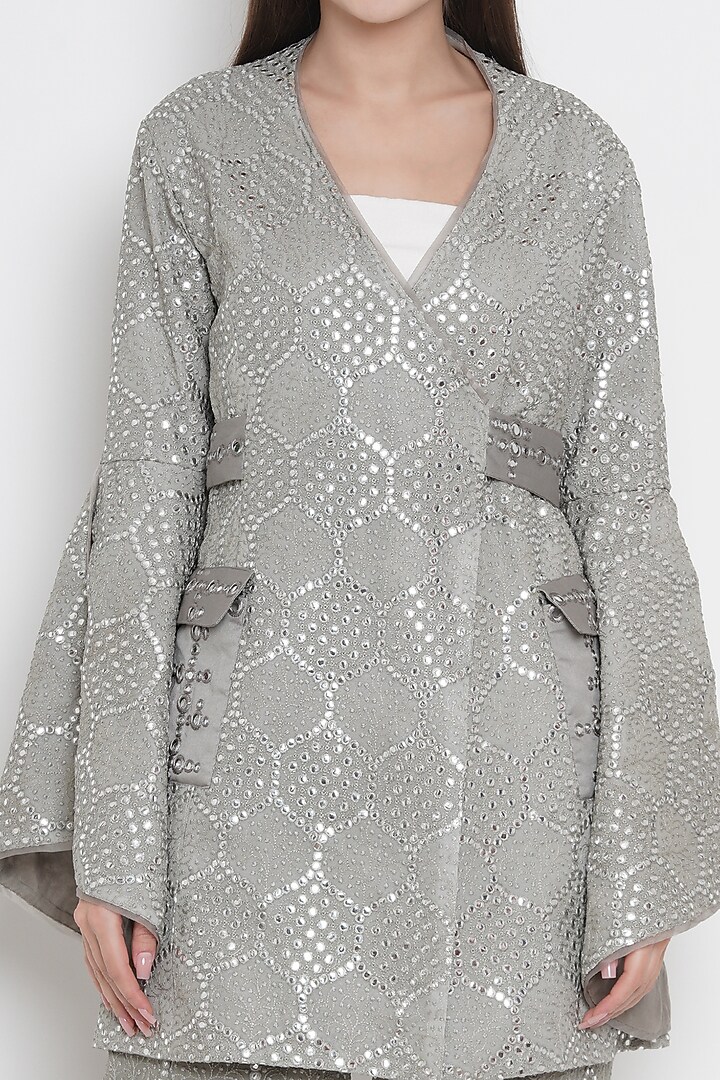 Silver Wrap-Over Jacket With Mirror Work by Twenty Nine at Pernia's Pop Up Shop