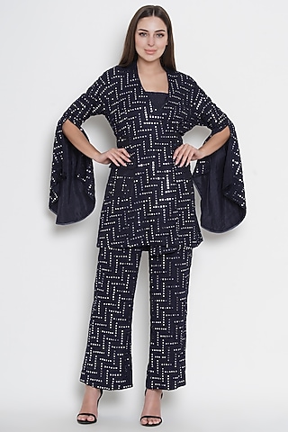 Black Wrap-Over Jacket With Mirror Work by Twenty Nine