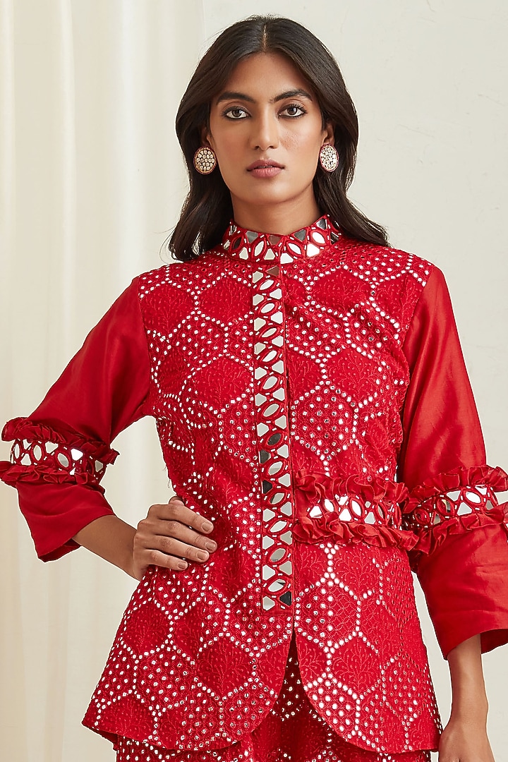 Red Palazzo Pants With Mirror Work by Twenty Nine at Pernia's Pop Up Shop