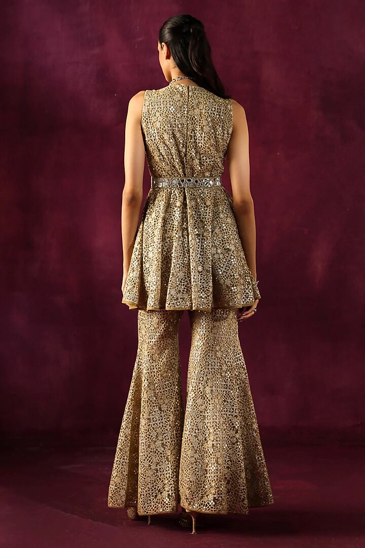 Taupe Lace Fabric Mirror Work Peplum Jacket by Twenty Nine at Pernia's Pop Up Shop