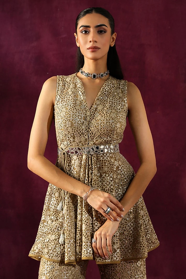 Taupe Lace Fabric Mirror Work Peplum Jacket by Twenty Nine at Pernia's Pop Up Shop