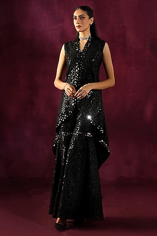 Black Georgette Mirror Work Asymmetric Jacket by Twenty Nine
