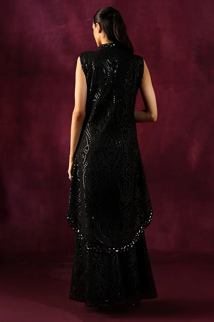 Black Georgette Mirror Work Asymmetric Jacket by Twenty Nine at Pernia's Pop Up Shop