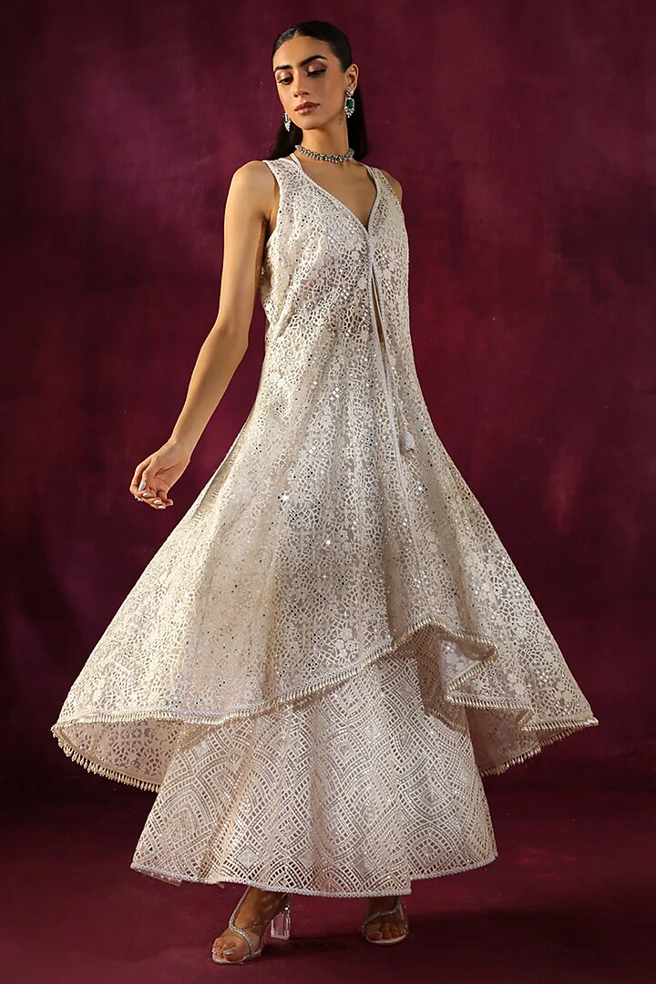 White Lace Fabric Mirror Work Asymmetric Jacket by Twenty Nine at Pernia's Pop Up Shop