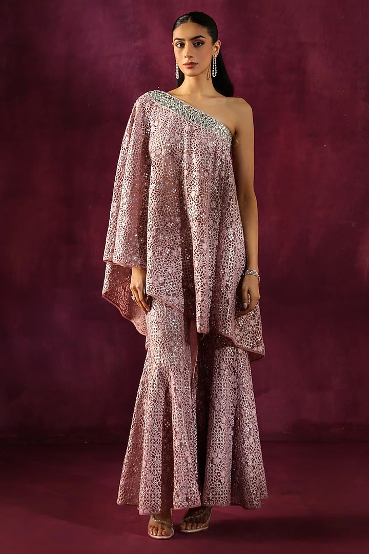 Lilac Lace Fabric Mirror Work One-Shoulder Cape by Twenty Nine at Pernia's Pop Up Shop