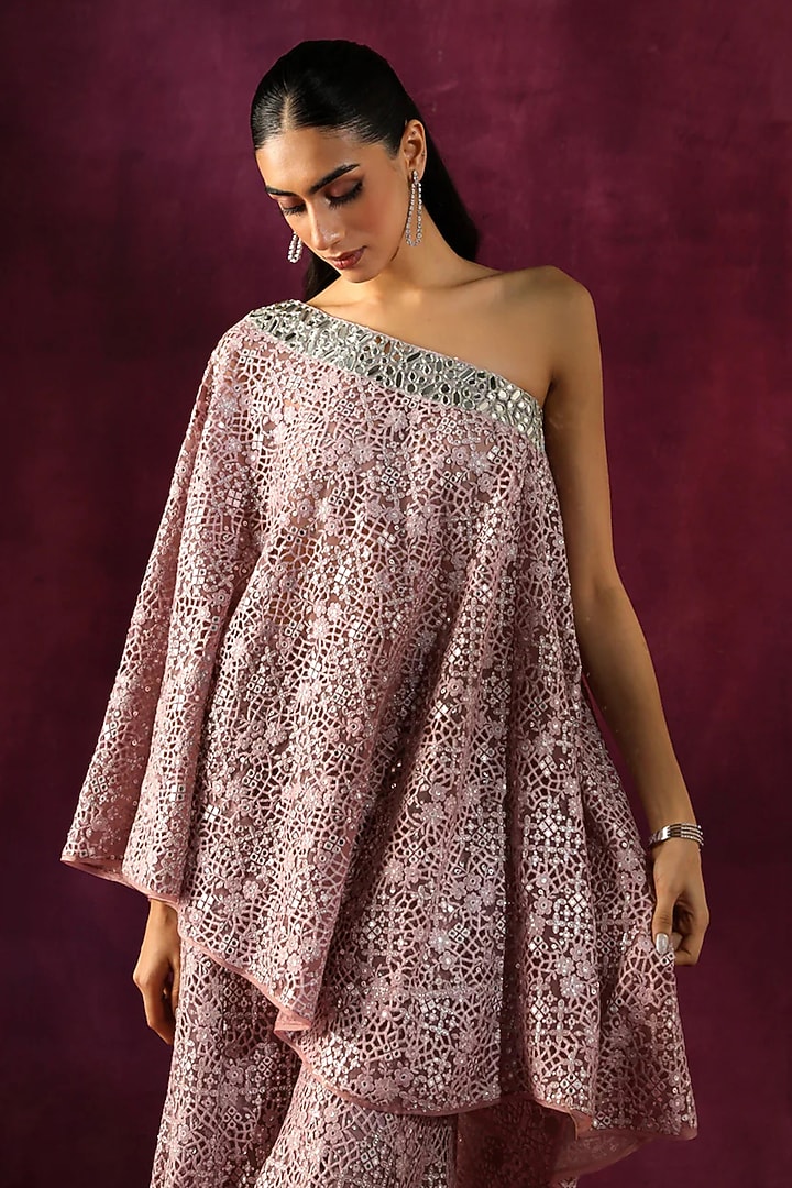 Lilac Lace Fabric Mirror Work One-Shoulder Cape by Twenty Nine at Pernia's Pop Up Shop