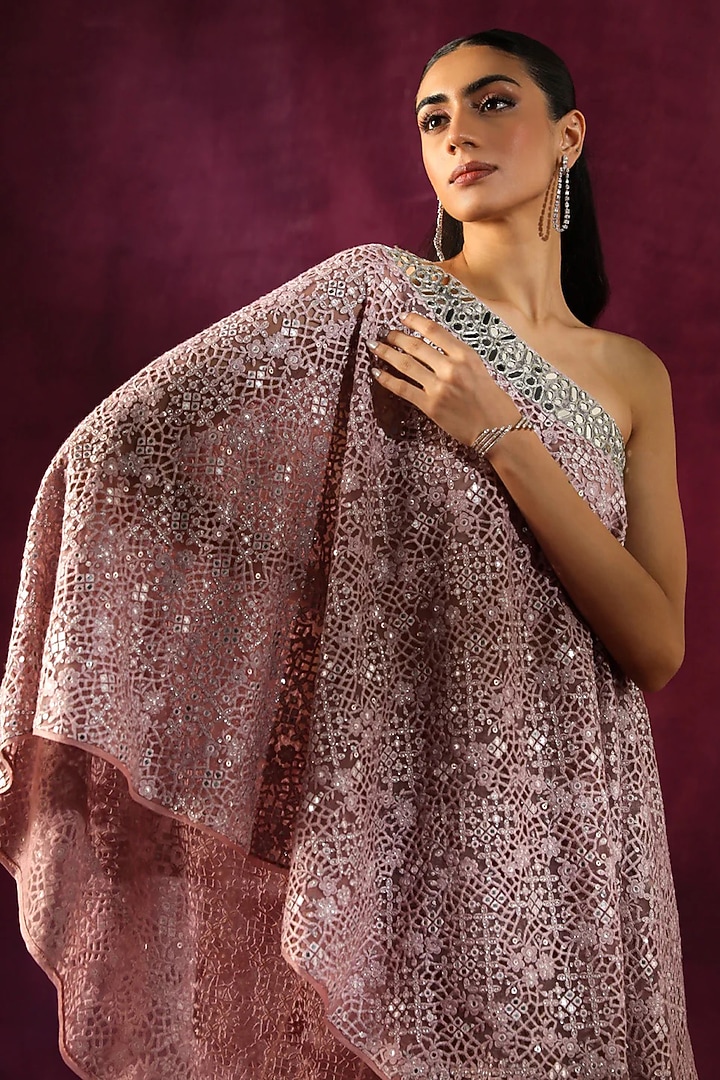 Lilac Lace Fabric Mirror Work One-Shoulder Cape by Twenty Nine at Pernia's Pop Up Shop