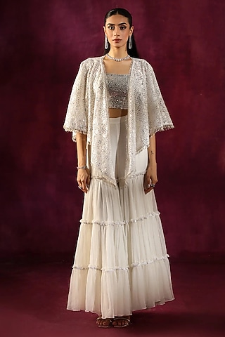 White Lace Fabric Mirror Work Scarf Cape by Twenty Nine