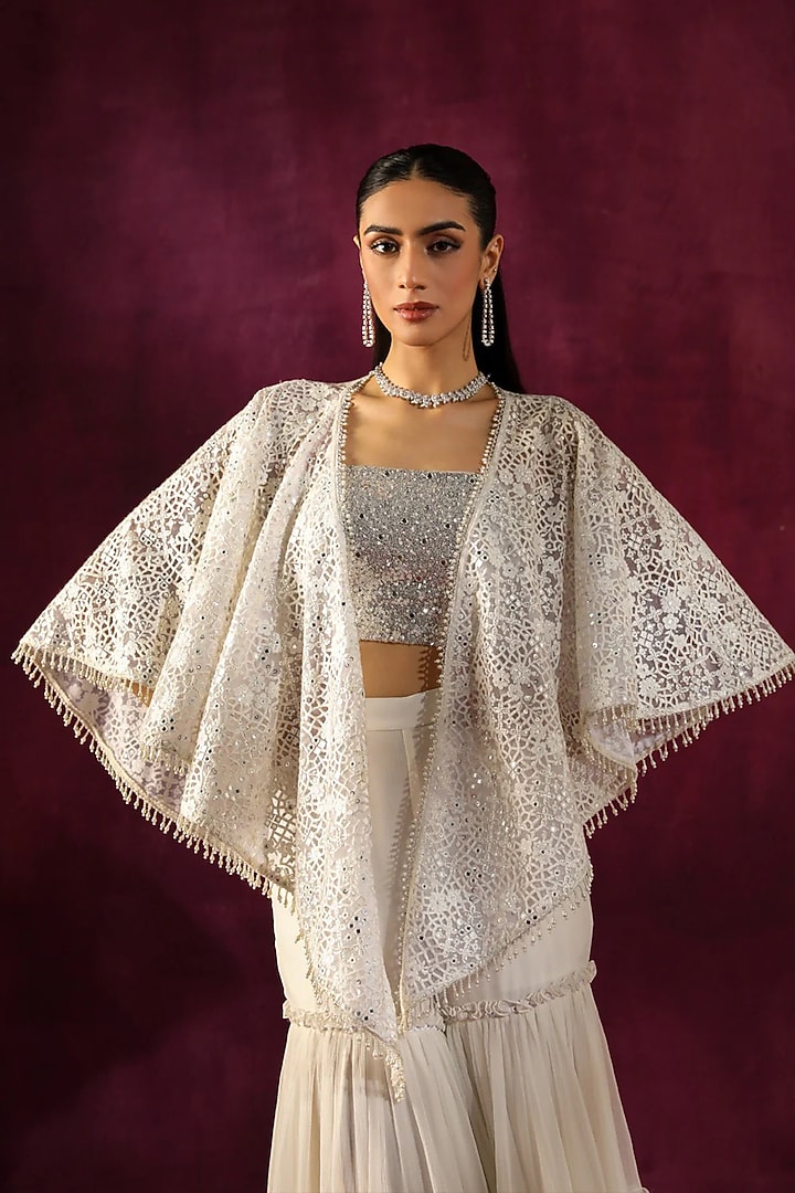 White Lace Fabric Mirror Work Scarf Cape by Twenty Nine at Pernia's Pop Up Shop
