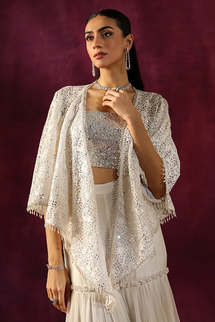 White Lace Fabric Mirror Work Scarf Cape by Twenty Nine at Pernia's Pop Up Shop