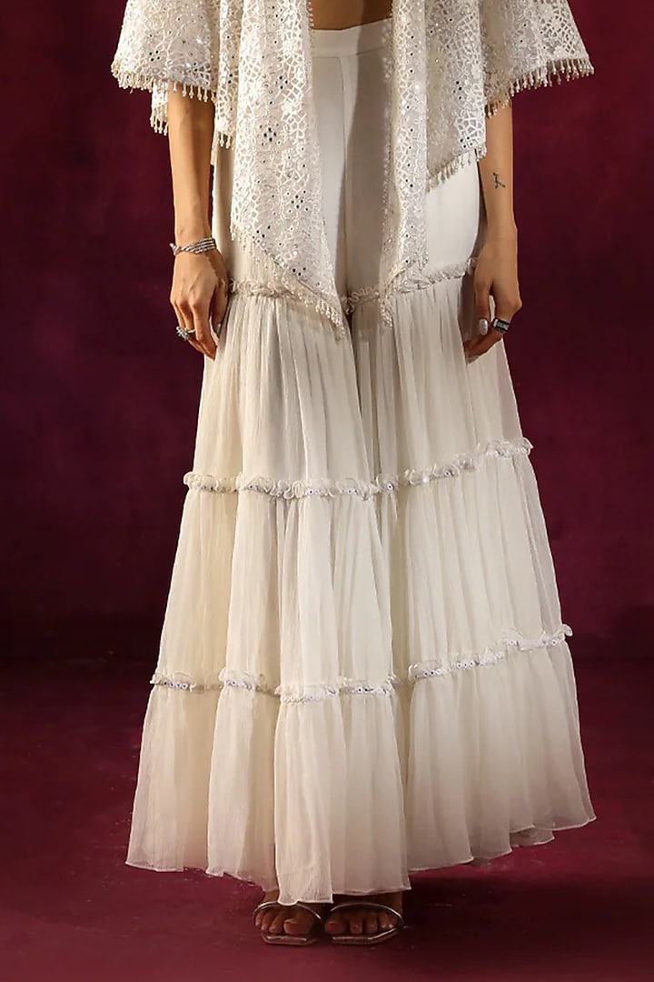 White Crinkle Chiffon Mirror Embellished Sharara Pants by Twenty Nine at Pernia's Pop Up Shop