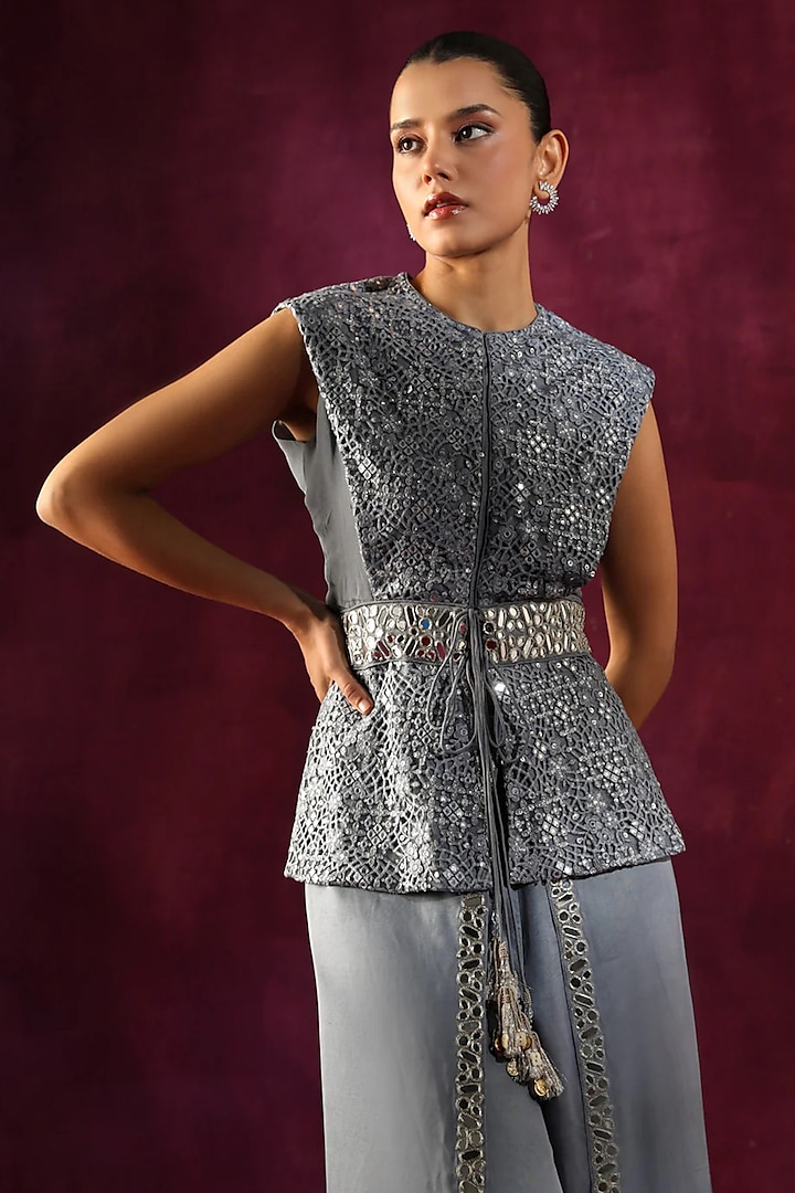 Blue Lace Fabric Mirror Work Jacket by Twenty Nine at Pernia's Pop Up Shop