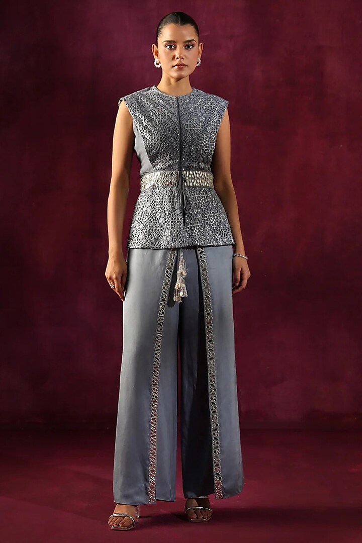 Blue Mushroom Twill Satin Mirror Embellished Wrap Around Pants by Twenty Nine at Pernia's Pop Up Shop