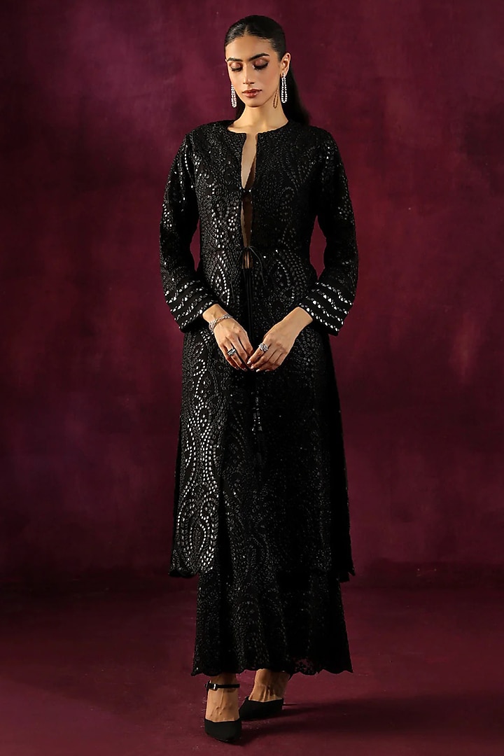Black Georgette Mirror Work Palazzo Pants by Twenty Nine at Pernia's Pop Up Shop