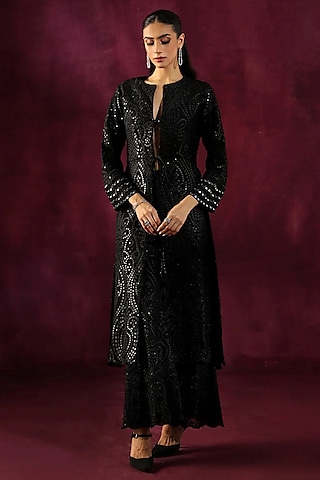 Black Georgette Mirror Work Palazzo Pants by Twenty Nine
