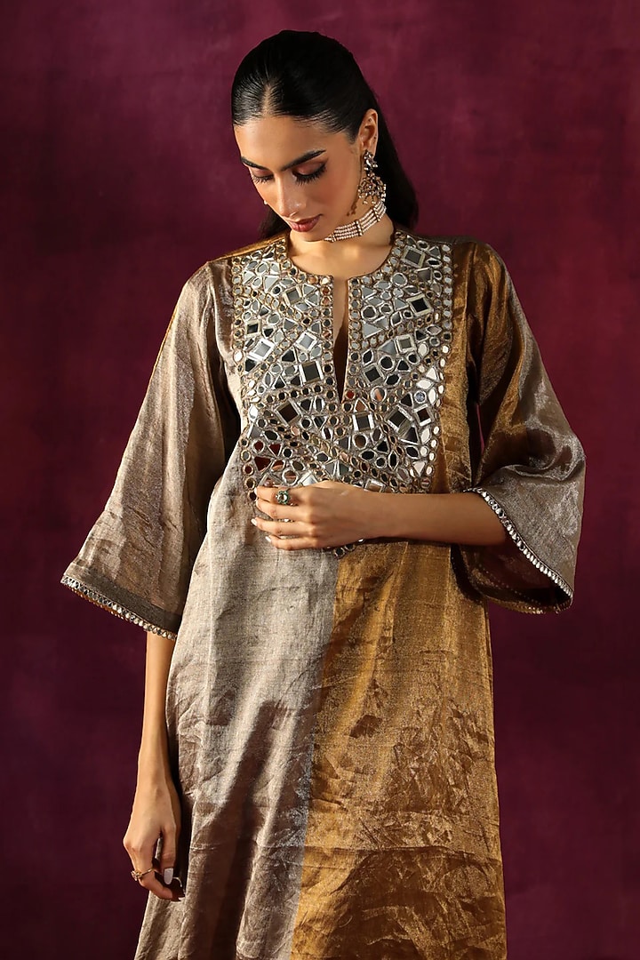 Gold & Silver Banarasi Tissue Mirror Embellished Kurta Set by Twenty Nine at Pernia's Pop Up Shop