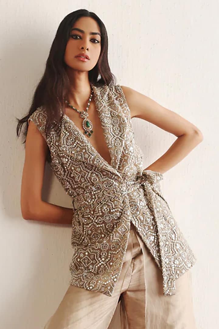 Taupe Net Mirror & Bead Work Sleeveless Blazer by Twenty Nine at Pernia's Pop Up Shop