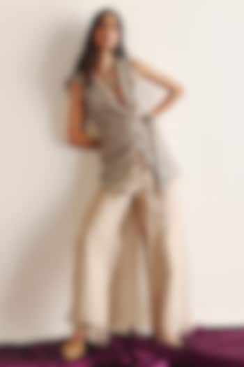 Beige Silk & Semi Sheer Organza Wide-Legged Palazzo Pants by Twenty Nine at Pernia's Pop Up Shop