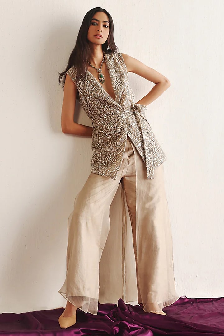 Beige Silk & Semi Sheer Organza Wide-Legged Palazzo Pants by Twenty Nine at Pernia's Pop Up Shop