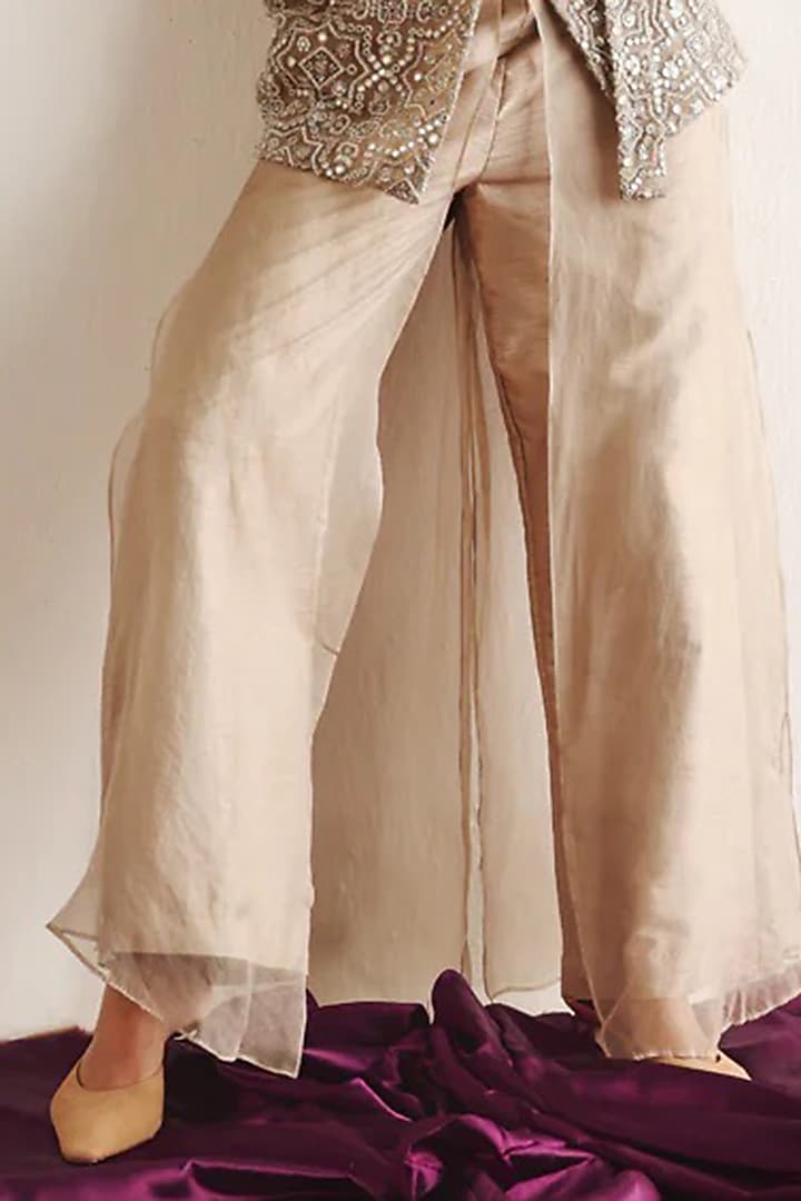 Beige Silk & Semi Sheer Organza Wide-Legged Palazzo Pants by Twenty Nine at Pernia's Pop Up Shop