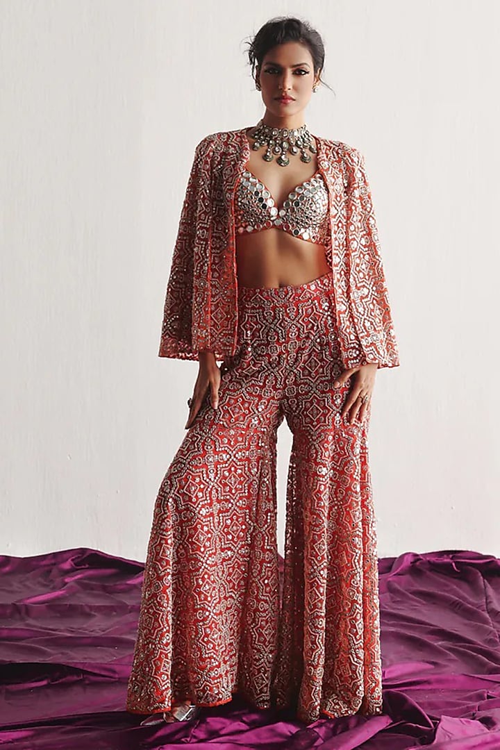 Red Tulle Mirror Work Jacket by Twenty Nine at Pernia's Pop Up Shop