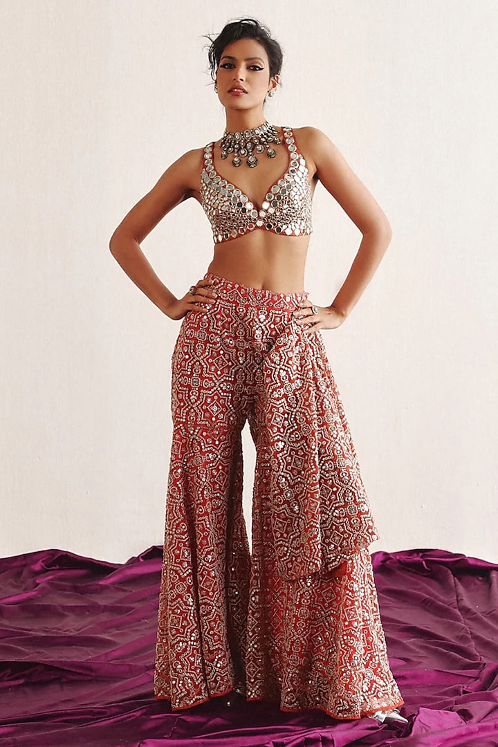 Red Tulle Mirror Embroidered Bralette by Twenty Nine at Pernia's Pop Up Shop