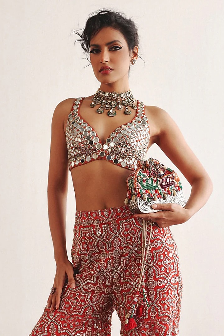 Red Tulle Mirror Embroidered Bralette by Twenty Nine at Pernia's Pop Up Shop