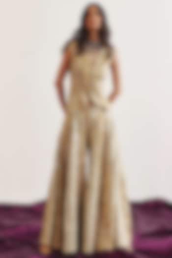 Yellow- Gold Tissue Mirror Embroidered Sharara Pants by Twenty Nine at Pernia's Pop Up Shop