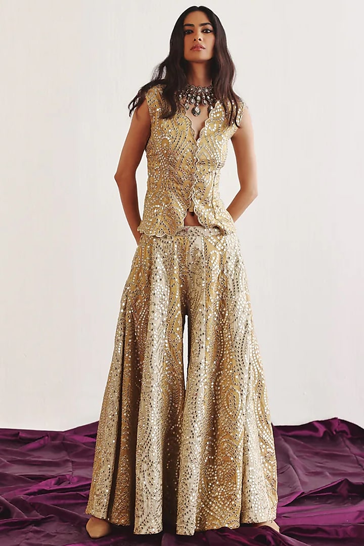 Yellow- Gold Tissue Mirror Embroidered Sharara Pants by Twenty Nine at Pernia's Pop Up Shop