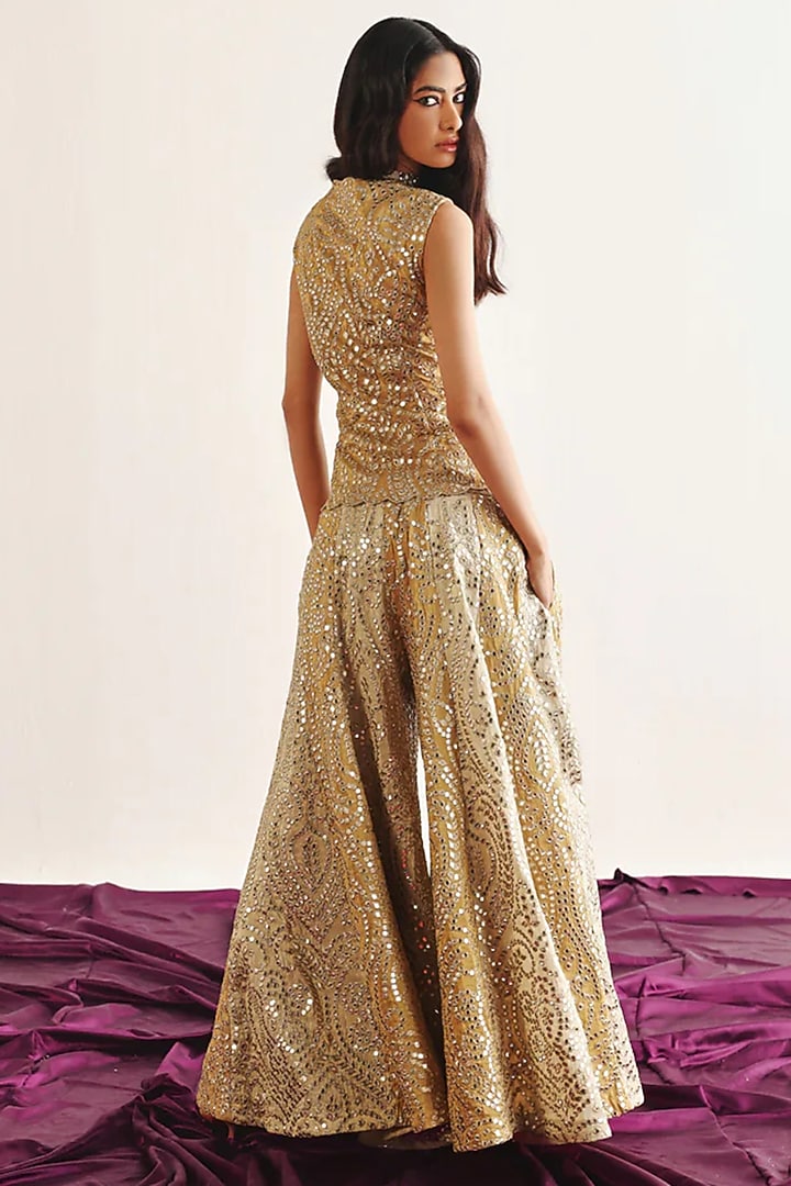Yellow- Gold Tissue Mirror Embroidered Sharara Pants by Twenty Nine at Pernia's Pop Up Shop