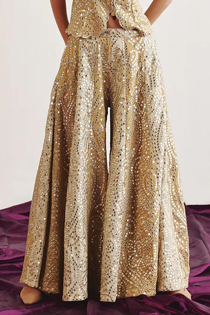 Yellow- Gold Tissue Mirror Embroidered Sharara Pants by Twenty Nine at Pernia's Pop Up Shop