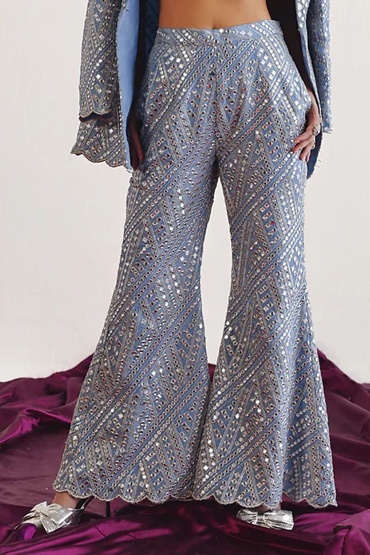 Sky Blue Tissue Mirror Work Palazzo Pants by Twenty Nine at Pernia's Pop Up Shop