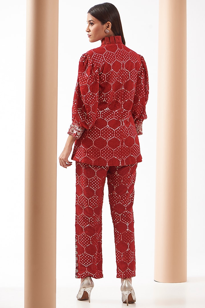 Red Georgette Chevron Embroidered Palazzo Pants by Twenty Nine at Pernia's Pop Up Shop