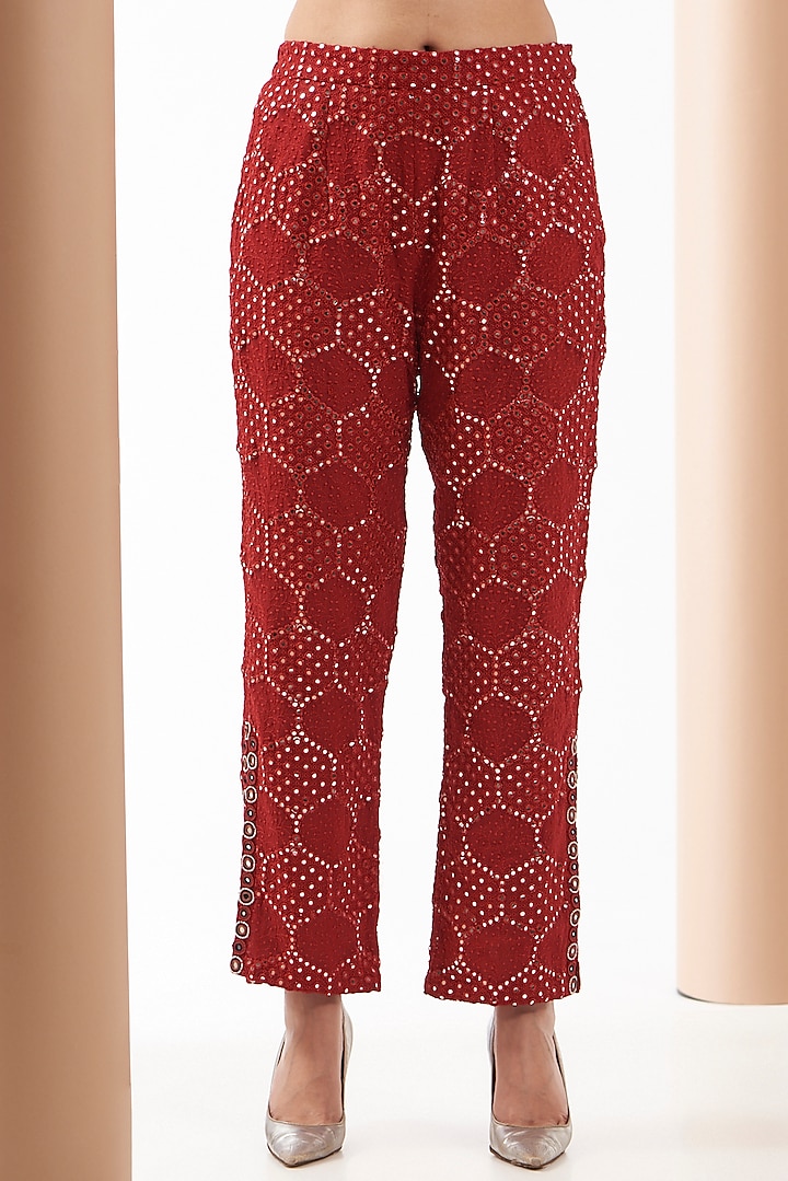 Red Georgette Chevron Embroidered Palazzo Pants by Twenty Nine