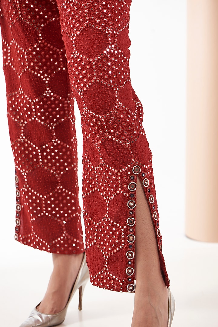 Red Georgette Chevron Embroidered Palazzo Pants by Twenty Nine at Pernia's Pop Up Shop
